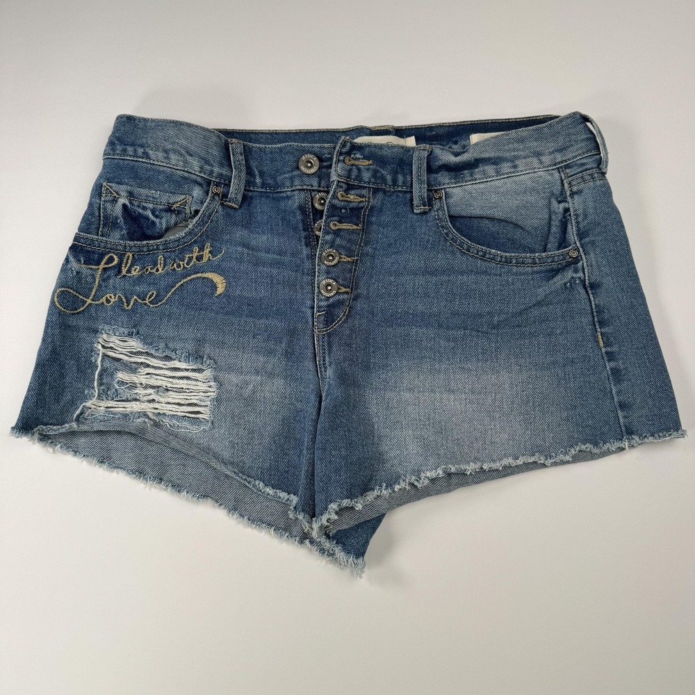 Jessica Simpson Ranger Short Womens 27 Blue Denim Distressed Embroidered Shorts